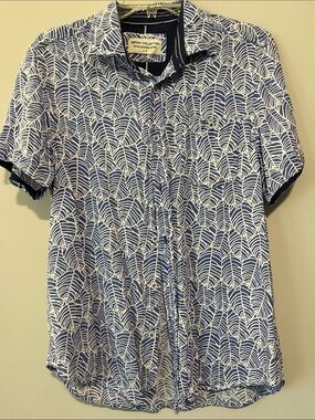 Report Collection Navy Blue & White Leaf-Print Short Sleeve Shirt